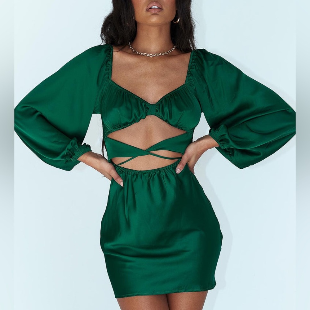 Princess Polly Cut Out Long Sleeve Mini Dress Satin Dark Green Size 4